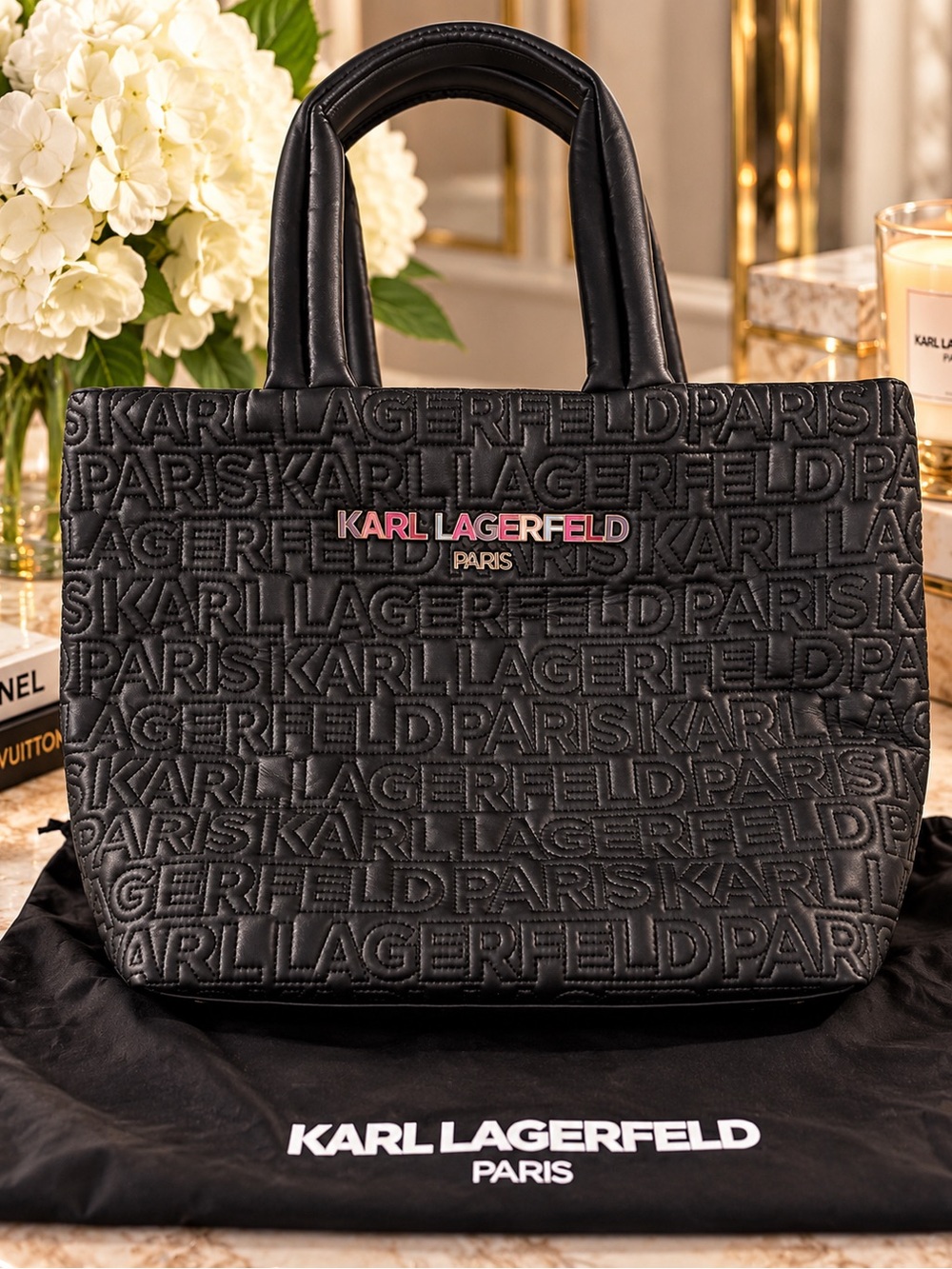 Karl Lagerfeld Black Quilted Logo Tote with Pink Metal Logo